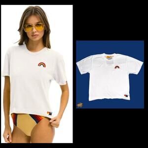 Aviator Nation Women’s White Rainbow Embroidery Boyfriend Crop Tee White Small